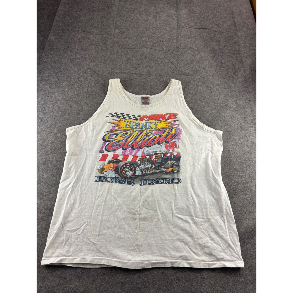 vtg Oneita Mike Spanky Elliott Racing Tank Top Boise Idaho White XL USA Made SEE